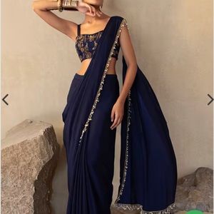 Navy Blue Pre-Stitched Saree Set With Floral Embroidered Strappy Blouse